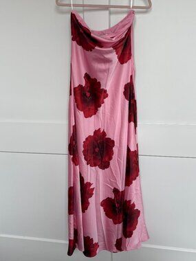 Paper Heart Pink Red Floral Satin Maxi Dress L